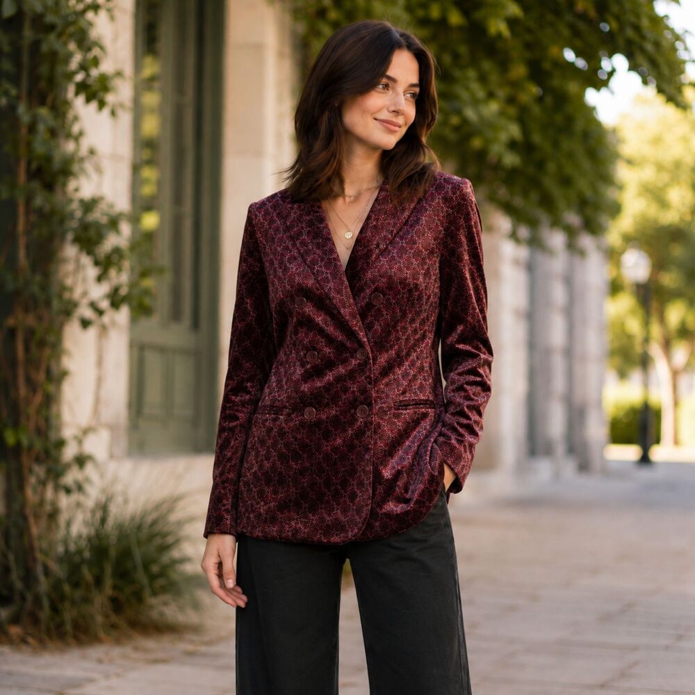 Carolina Belle Montreal Velvet Blazer Women’s S Burgundy Floral Double Breasted